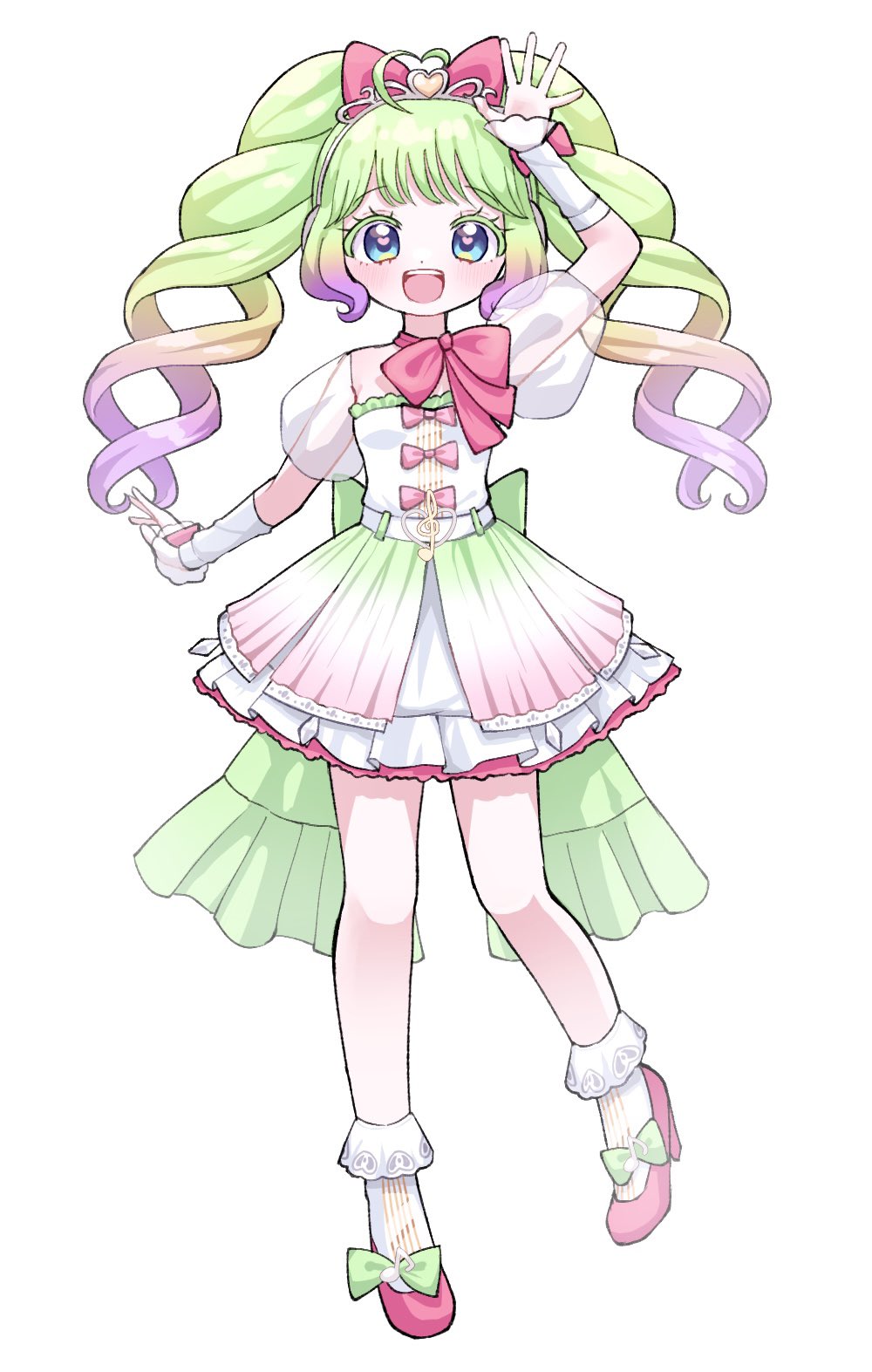1girl ahoge arm_up blue_eyes bow commentary_request dress frilled_dress frills full_body gradient_hair green_bow green_hair hair_bow highres laalulu long_hair looking_at_viewer multicolored_hair open_mouth pink_bow pink_footwear pq_(pq_owo) pretty_series pripara puffy_short_sleeves puffy_sleeves see-through see-through_sleeves shoes short_sleeves smile socks solo standing standing_on_one_leg twintails white_background white_socks
