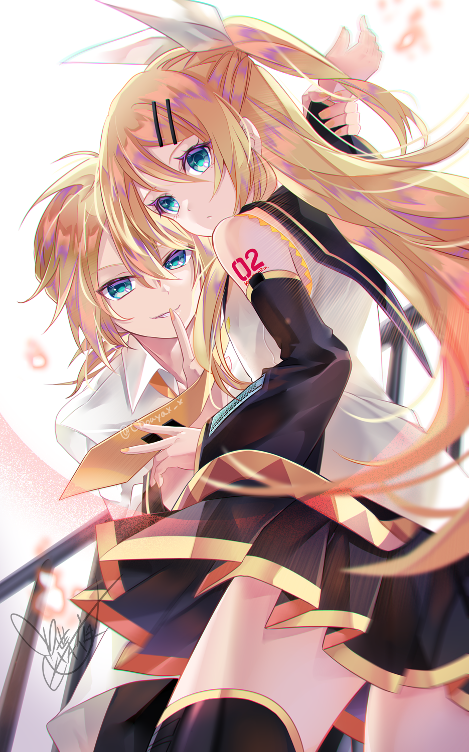 1boy 1girl arm_tattoo arms_up black_sailor_collar black_skirt black_thighhighs blonde_hair blue_eyes bow brother_and_sister chromatic_aberration closed_mouth floating_hair grin hair_between_eyes hair_bow hair_ornament hairclip highres holding_another's_wrist index_finger_raised kagamine_len kagamine_rin long_hair looking_at_viewer looking_back miniskirt necktie number_tattoo pleated_skirt sailor_collar sailor_shirt shirt siblings signature skirt sleeveless sleeveless_shirt smile solo tattoo thigh-highs tyouya very_long_hair vocaloid white_background white_bow white_shirt yellow_necktie zettai_ryouiki