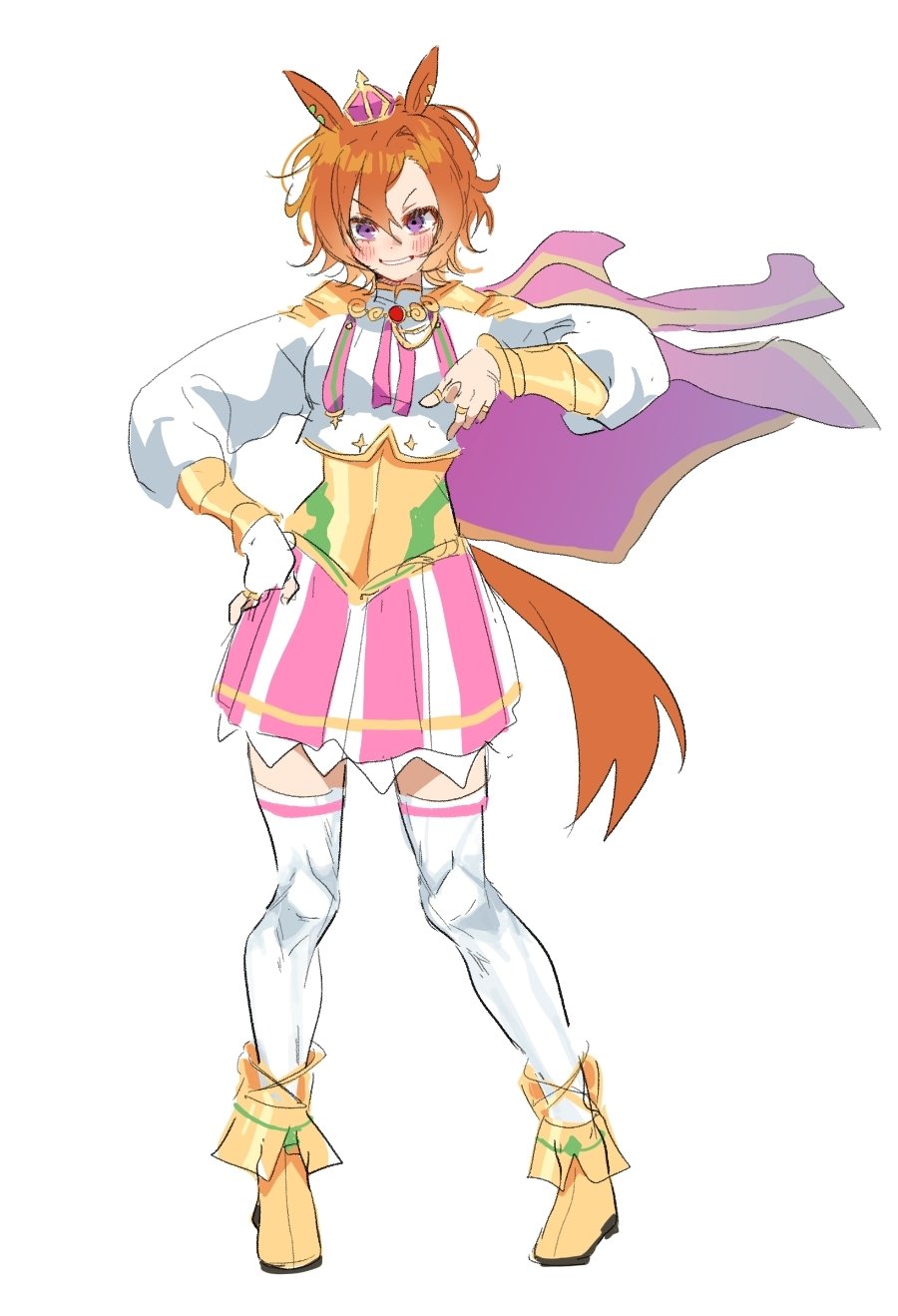 1girl blush boots corset crown full_body grin hand_on_own_hip highres horse_girl horse_tail jjan-uyu long_sleeves looking_at_viewer mini_crown orange_hair pink_skirt pointing pointing_at_viewer shirt short_hair simple_background sketch skirt smile solo standing t.m._opera_o_(umamusume) tail thigh-highs two-tone_skirt umamusume v-shaped_eyebrows violet_eyes white_background white_shirt white_thighhighs yellow_footwear