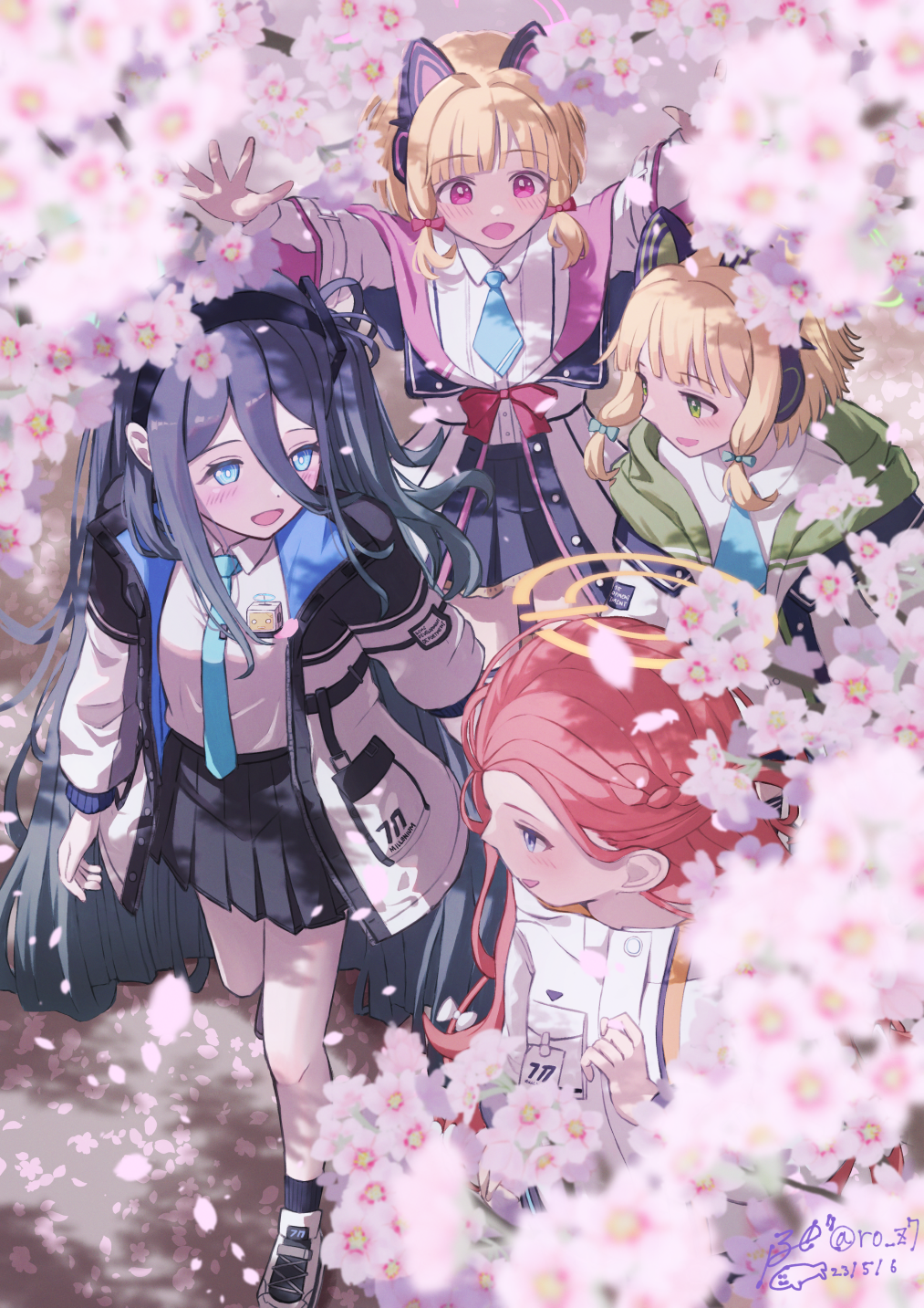 4girls :d animal_ear_headphones animal_ears aqua_bow aqua_halo aris_(blue_archive) black_hair black_hairband black_jacket black_skirt blonde_hair blue_archive blue_eyes blue_necktie blunt_bangs blush bow braid bright_pupils cat_ear_headphones cherry_blossoms collared_shirt commentary_request fake_animal_ears falling_petals flower from_above game_development_department_(blue_archive) green_eyes green_halo green_hood hair_bow hairband halo hampem7 headphones highres hood hooded_jacket id_card jacket long_hair long_hair_between_eyes long_sleeves looking_ahead looking_at_another looking_to_the_side low-tied_sidelocks midori_(blue_archive) miniskirt momoi_(blue_archive) multicolored_clothes multicolored_jacket multiple_girls necktie one_side_up open_clothes open_hands open_jacket open_mouth outstretched_arms parted_bangs petals pink_bow pink_eyes pink_flower pink_halo pink_petals pleated_skirt redhead ringed_eyes shirt shoes short_hair sidelocks skirt smile sneakers tie_clip two-sided_fabric two-sided_jacket very_long_hair walking white_footwear white_jacket white_pupils white_shirt wide_sleeves yuzu_(blue_archive)