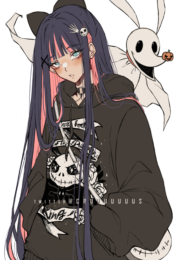 1girl black_hair blue_eyes bow choker coat colored_shadow cowboy_shot criis-chan crossover dog english_commentary ghost hair_bow hair_ornament hands_in_pockets hood hoodie jack_skellington light_blush long_hair looking_at_viewer panty_&amp;_stocking_with_garterbelt parted_lips shadow simple_background skull_hair_ornament solo stocking_(psg) the_nightmare_before_christmas white_background x_hair_ornament zero_(the_nightmare_before_christmas)