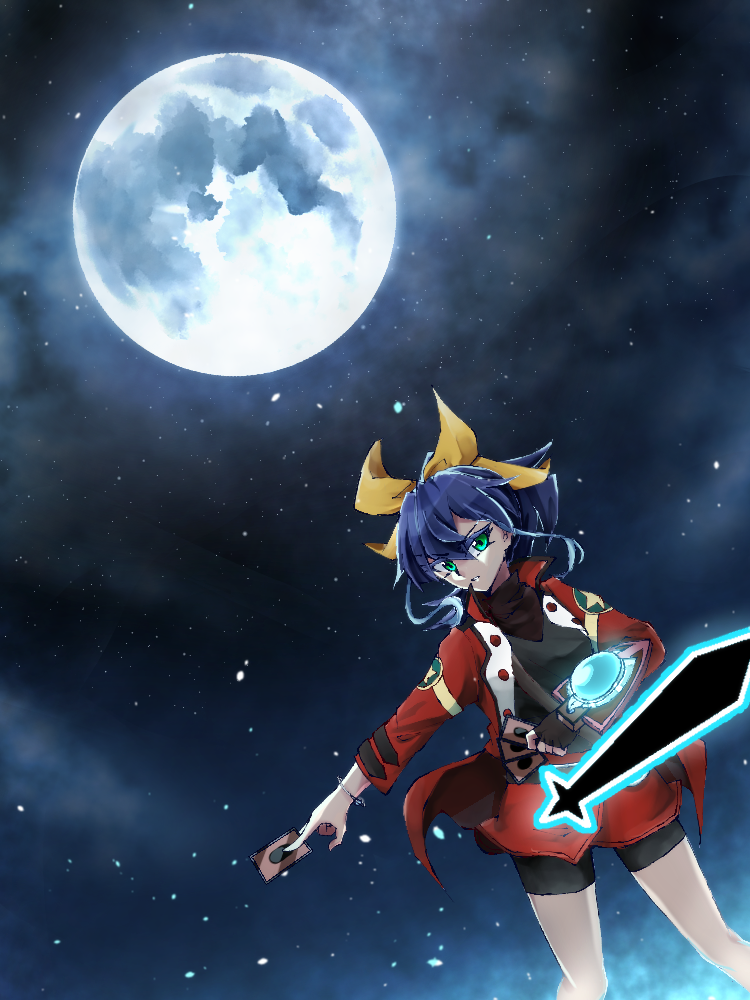 1girl bike_shorts_under_skirt bracelet card duel_academy_uniform_(yu-gi-oh!_arc-v) duel_disk full_moon green_eyes hair_between_eyes holding holding_card jacket jewelry looking_at_viewer moon mujindao night night_sky open_clothes open_jacket playing_card ponytail purple_hair red_jacket red_skirt serena_(yu-gi-oh!) skirt sky solo standing star_(sky) starry_sky yu-gi-oh! yu-gi-oh!_arc-v