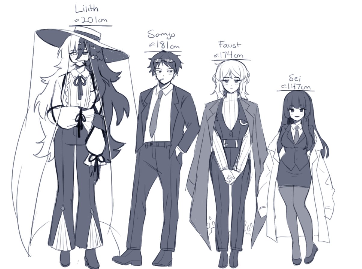 1boy 3girls black_hair character_chart faust_(project_moon) full_body hat height_difference lab_coat limbus_company long_hair multicolored_hair multiple_girls necktie project_moon saccharhythm samjo_(project_moon) sei_shounagon_(saccharhythm) short_hair simple_background suit white_background white_hair