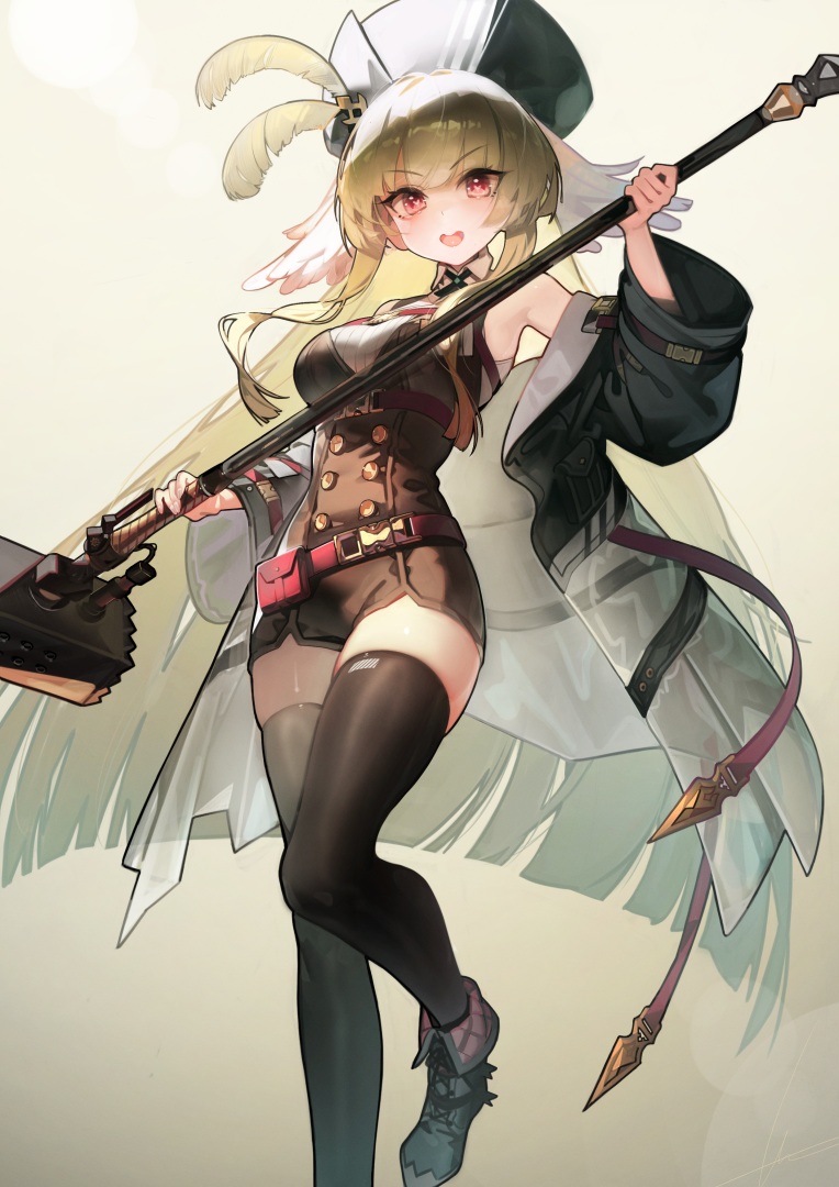 1girl :d arknights bird_girl black_corset black_hat black_jacket black_thighhighs blush buttons corset double-breasted foot_out_of_frame green_hair hammer hat_feather head_wings holding holding_hammer jacket knee_up long_bangs long_hair long_sleeves looking_at_viewer off_shoulder open_clothes open_jacket open_mouth poncirus_(arknights) red_eyes ribiadan shirt sleeveless sleeveless_shirt smile solo thigh-highs v-shaped_eyebrows very_long_hair white_shirt wings zettai_ryouiki