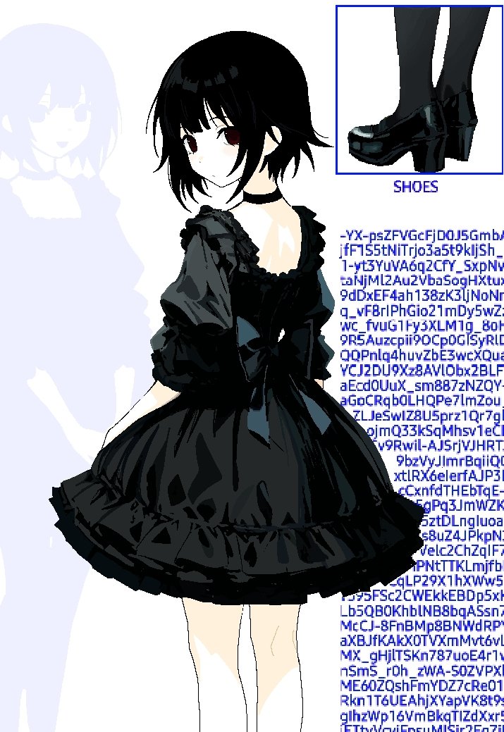 1girl back_bow black_bow black_choker black_dress black_eyes black_footwear black_hair black_socks bow choker closed_mouth dress feet_out_of_frame frilled_dress frills from_behind high_heels jaggy_lines looking_at_viewer looking_back multiple_views nithzenithh original shoes short_dress short_hair sleeves_past_elbows socks solo_focus standing text_background