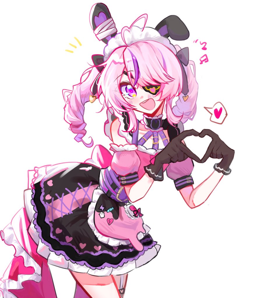 :d animal_ears black_gloves blush chinese_commentary drill_hair fake_animal_ears gloves heart heart_hands long_hair looking_at_viewer maria_marionette maria_marionette_(2nd_costume) multicolored_hair musical_note nijisanji nijisanji_en notice_lines open_mouth pink_eyes pink_hair rabbit_ears smile spoken_heart streaked_hair twin_drills twintails virtual_youtuber yezi88625525