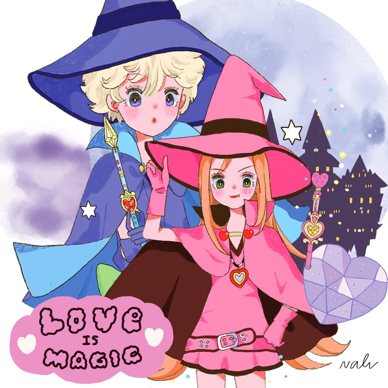 2610october 2girls belt blonde_hair cape chocolat_meilleure commentary_request cowboy_shot diamond_(shape) dress fang gloves green_eyes hand_on_headwear hand_on_own_hip hat heart heart_pendant highres long_hair mixed-language_commentary multiple_girls orange_hair pink_belt pink_cape pink_dress purple_cape purple_dress purple_gloves purple_hat short_hair sugar_sugar_rune vanilla_mieux violet_eyes witch witch_hat