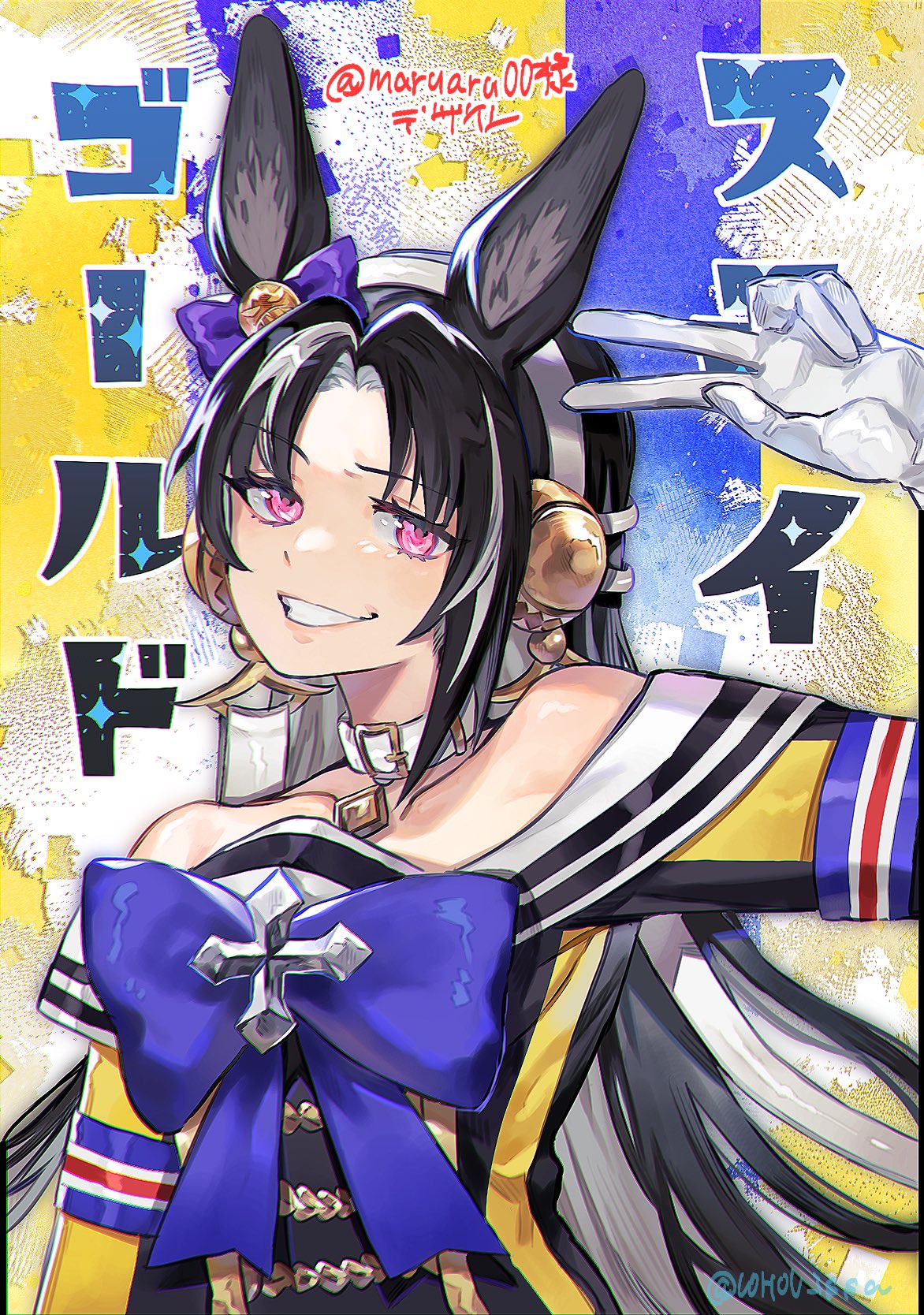 1girl animal_ears armband bare_shoulders black_hair blue_armband blue_bow blue_bowtie borrowed_character bow bowtie character_name collar collarbone commentary cross_ornament ear_bow genderswap genderswap_(mtf) gloves grey_hair grin hair_intakes hairband headgear highres horse_ears horse_girl long_hair looking_at_viewer making-of_available multicolored_hair off_shoulder original pendant_collar personification purple_bow smile solo stay_gold_(racehorse) streaked_hair twitter_username two-tone_hair u0h0u_issa umamusume upper_body violet_eyes w white_collar white_gloves white_hairband