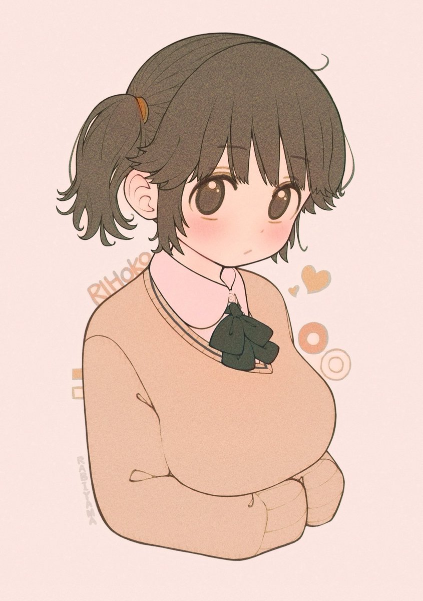 1girl alternate_hairstyle amagami arms_under_breasts artist_name black_bow black_bowtie blouse blush bow bowtie brown_eyes brown_hair brown_sweater character_name circle closed_mouth collared_shirt cropped_torso dot_mouth hair_tie heart highres kibito_high_school_uniform long_sleeves looking_at_viewer looking_back looking_to_the_side loose_hair_strand medium_hair messy_hair own_hands_together paper_texture rabiyamarabi romaji_text sakurai_rihoko school_uniform shirt signature sleeves_past_fingers sleeves_past_wrists solo square sweater upturned_eyes white_shirt