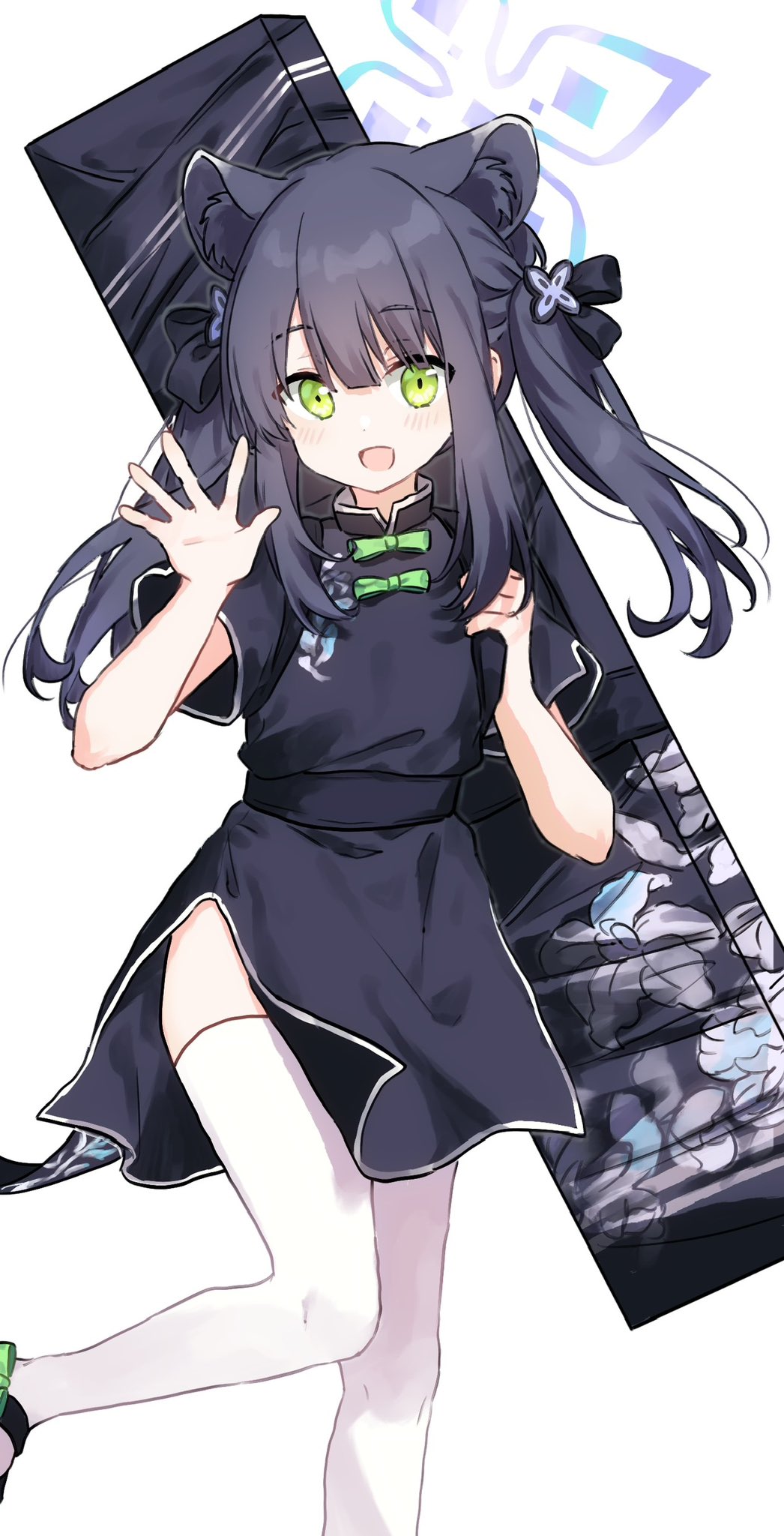 1girl animal_ears black_dress black_hair blue_archive blue_halo blush china_dress chinese_clothes dress extra_ears gradient_background green_eyes halo highres long_hair migolu open_mouth short_sleeves shun_(blue_archive) shun_(small)_(blue_archive) smile solo thigh-highs tiger_ears twintails white_thighhighs