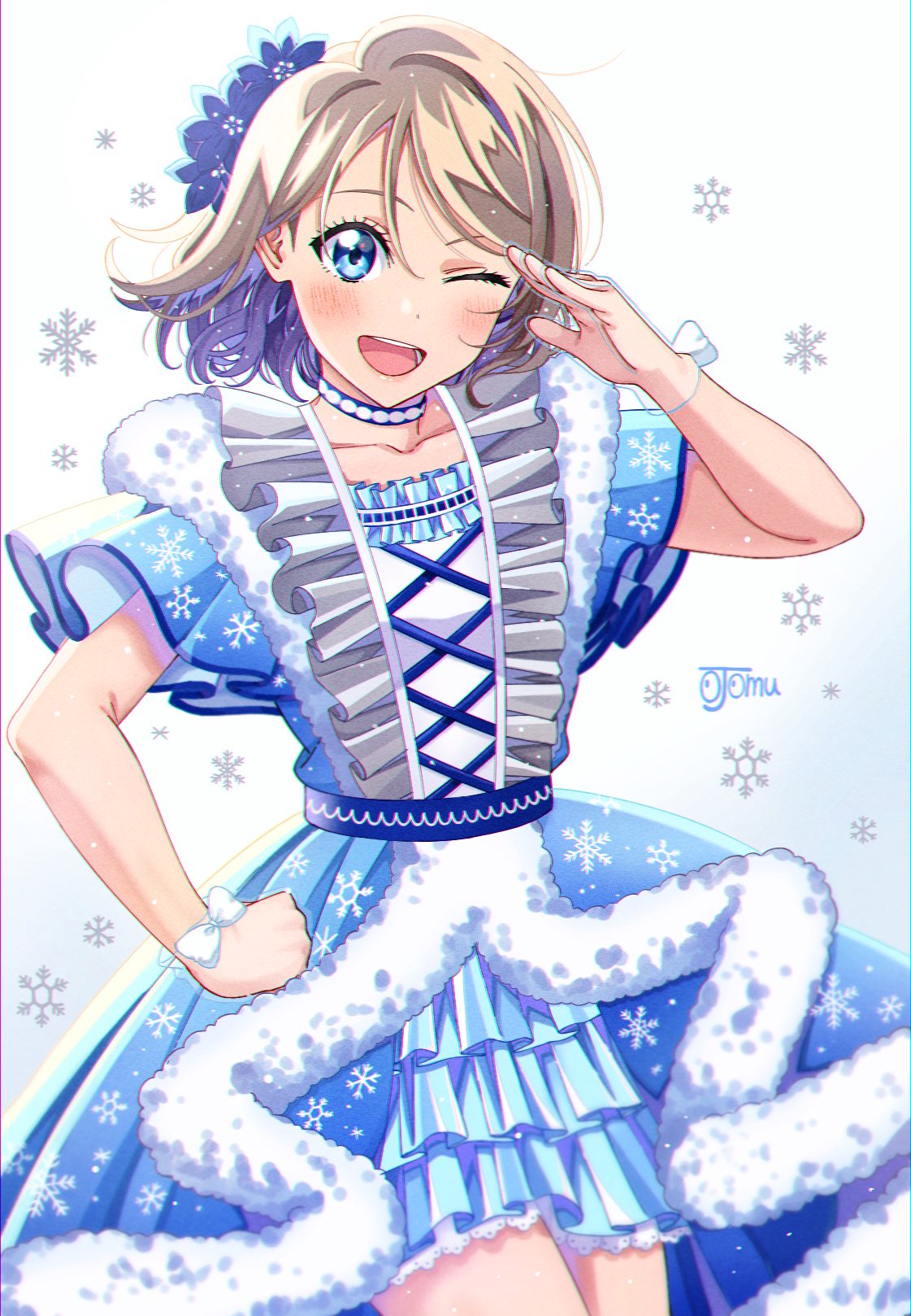 blue_eyes brown_hair flower frills gloves hair_flower hair_ornament highres love_live! love_live!_sunshine!! ojyomu open_mouth salute simple_background skirt smile snow snowflakes thighs watanabe_you