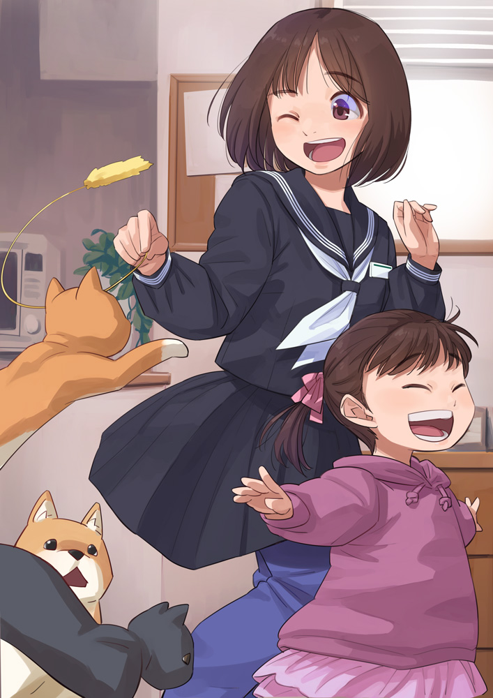 2girls :d age_difference airplane_arms black_cat black_sailor_collar black_shirt black_skirt blue_pants bob_cut brown_dog brown_eyes brown_hair cat cat_teaser chasing chest_of_drawers closed_eyes curled_fingers dress_shirt feet_out_of_frame frilled_skirt frills hair_ribbon holding_cat_teaser hood hood_down hoodie indoors long_sleeves looking_back loose_hair_strand microwave multiple_girls neckerchief one_eye_closed open_mouth orange_cat original otsu_natsu outstretched_arms pants pants_under_skirt pink_ribbon pink_skirt plant pleated_skirt potted_plant purple_hoodie ribbon running sailor_collar school_uniform serafuku shirt short_hair short_twintails skirt smile spread_arms teasing teeth track_pants twintails upper_teeth_only white_neckerchief window window_blinds