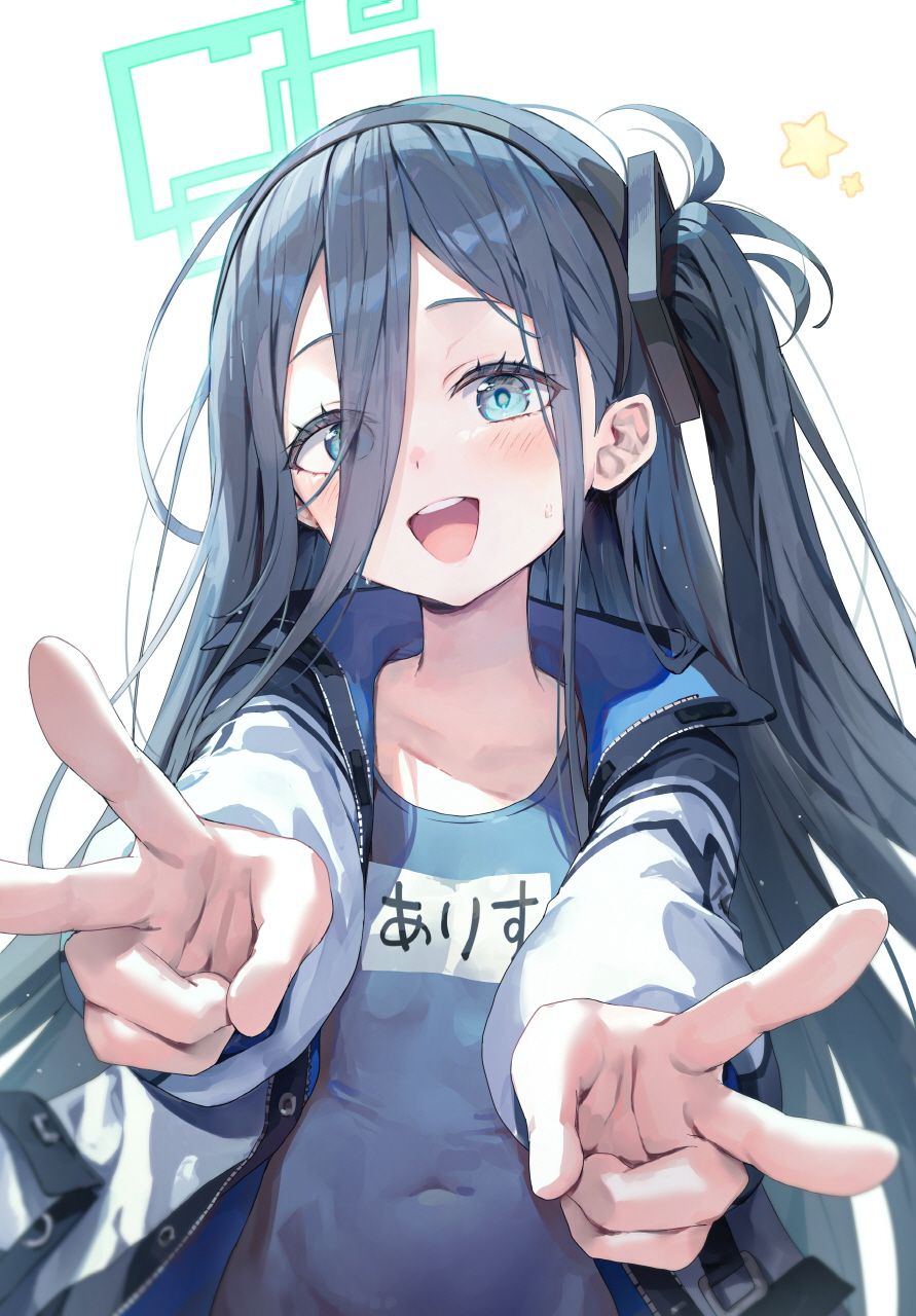 1girl :d aris_(blue_archive) black_hair blue_archive blue_eyes blue_halo blush collarbone covered_navel double_v eyes_visible_through_hair halo highres huwari_(dnwls3010) jacket long_bangs long_hair one_side_up school_swimsuit smile star_(symbol) sweat swimsuit v white_jacket
