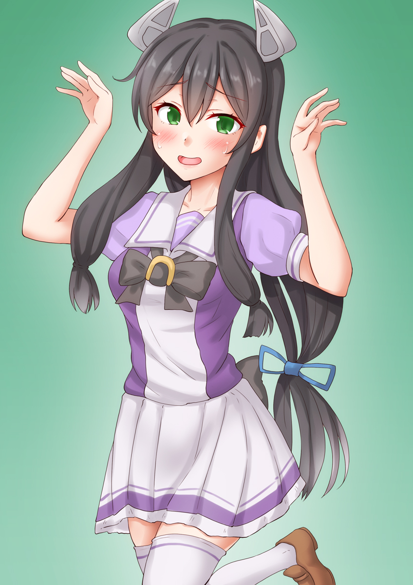 1girl alternate_costume anti_(untea9) black_hair blush bow bowtie breasts gradient_background green_background green_eyes hair_ribbon headgear highres i-47_(kancolle) kantai_collection long_hair low-tied_long_hair open_mouth puffy_short_sleeves puffy_sleeves purple_bow purple_bowtie purple_sailor_collar purple_serafuku purple_shirt ribbon sailor_collar sailor_shirt school_uniform serafuku shirt short_sleeves skirt small_breasts smile solo standing standing_on_one_leg thigh-highs tracen_school_uniform tress_ribbon umamusume white_skirt white_thighhighs