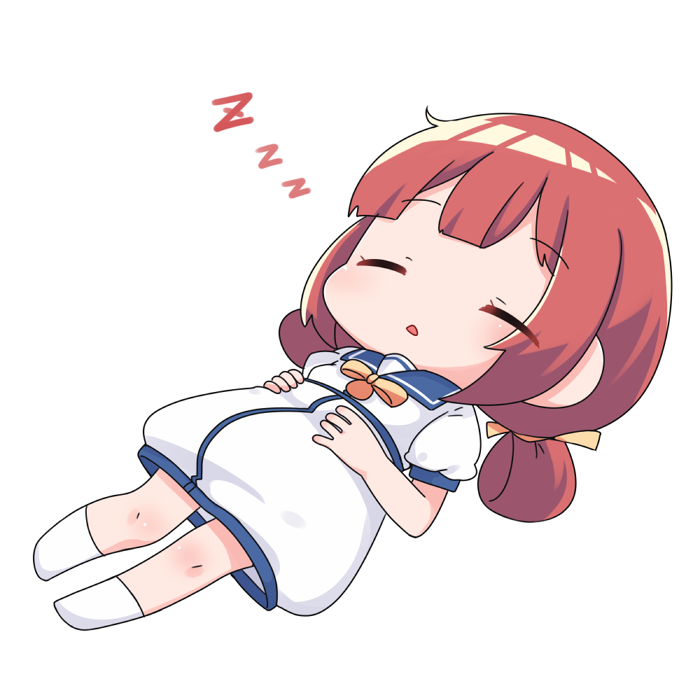 1girl blue_sailor_collar chibi chibi_only closed_eyes dress full_body hair_ribbon hair_rings kaiboukan_no._4_(kancolle) kantai_collection low_twintails lying nassukun on_back parted_lips redhead ribbon sailor_collar sailor_dress short_sleeves short_twintails simple_background sleeping socks solo twintails white_background white_socks zzz