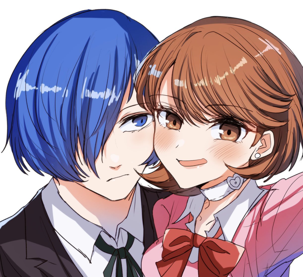 1boy 1girl black_jacket black_ribbon blue_eyes blue_hair blush bow bowtie brown_eyes brown_hair cardigan choker closed_mouth collarbone collared_shirt commentary_request earrings gekkoukan_high_school_uniform hair_over_one_eye heart heart_choker jacket jewelry looking_at_another looking_at_viewer neck_ribbon open_mouth persona persona_3 persona_3_reload pink_cardigan red_bow red_bowtie ribbed_cardigan ribbon school_uniform selfie shirt short_hair smile stud_earrings takeba_yukari upper_body white_background white_choker white_shirt yuuki_makoto_(persona_3) yuyuy_00