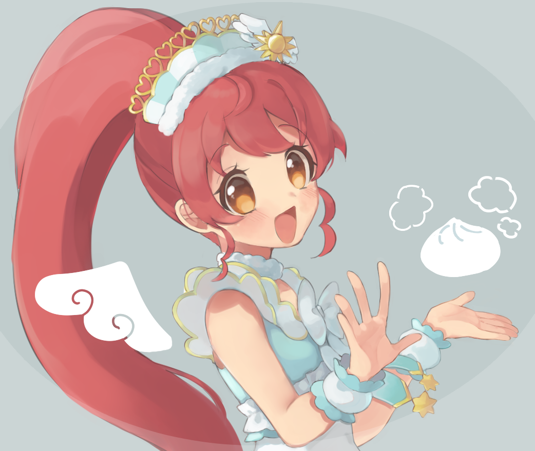 1girl :d bad_id bad_twitter_id baozi brown_eyes commentary_request cropped_torso drawn_wings food hands_up idol_clothes inactive_account long_hair looking_at_viewer open_mouth ponytail pretty_series pripara redhead shiratama_mikan shiyurinpu smile solo sun_symbol upper_body wrist_cuffs
