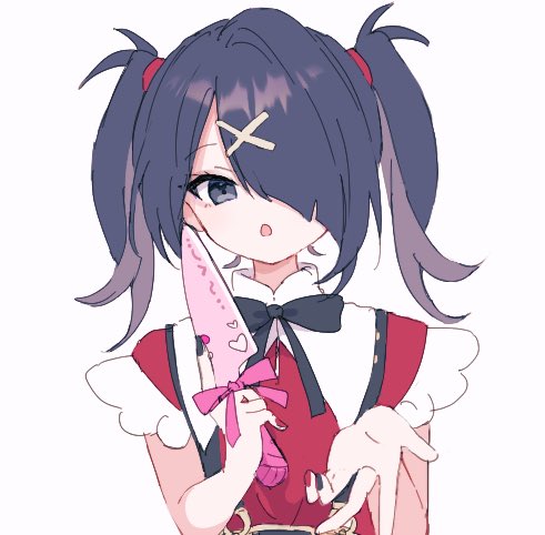 1girl ame-chan_(needy_girl_overdose) black_hair black_nails black_ribbon grey_eyes hair_ornament hair_over_one_eye hands_up holding holding_knife kabe_(zp66104) knife long_hair looking_at_viewer lowres nail_polish neck_ribbon needy_girl_overdose open_mouth pink_ribbon red_nails red_shirt ribbon shirt simple_background solo suspenders twintails upper_body white_background x_hair_ornament