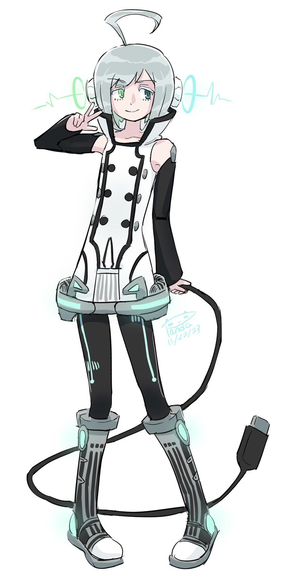 1boy 2023 ahoge androgynous black_sleeves black_thighhighs blue_eyes closed_mouth collarbone dated detached_sleeves english_commentary full_body green_eyes grey_footwear headphones heterochromia highres holding_own_tail huge_ahoge looking_to_the_side male_focus panda_doodles shirt short_hair signature simple_background sleeveless sleeveless_shirt smile solo tail thigh-highs usb utatane_piko v vocaloid watermark white_background white_shirt