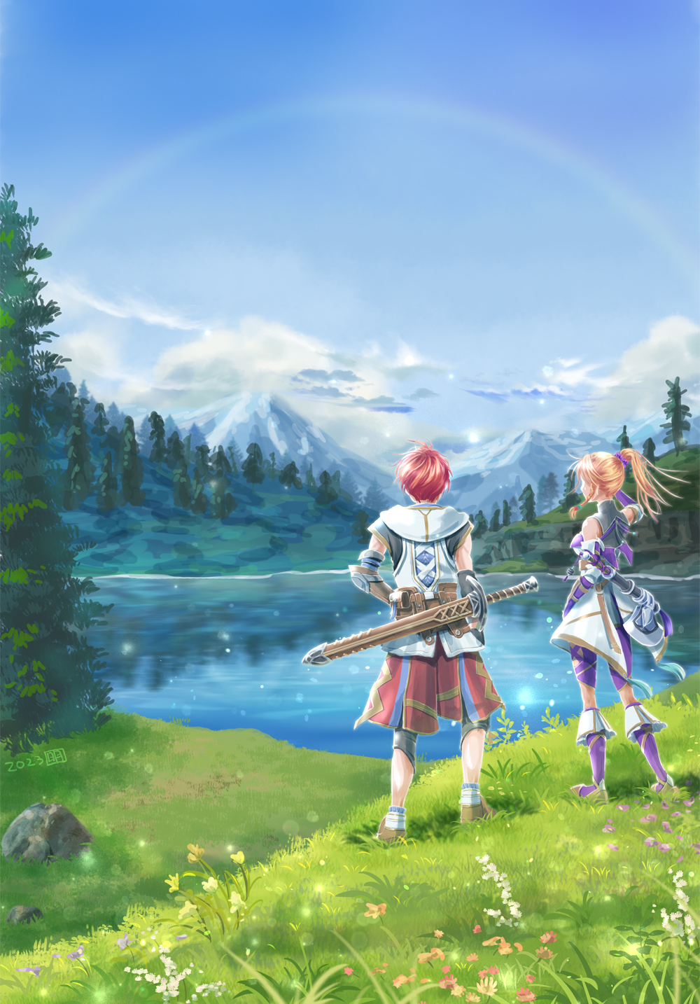 1boy 1girl adol_christin ake_miyamura axe blonde_hair blue_sky clouds commentary_request full_body high_ponytail highres karja_balta mountain on_grass outdoors pond rainbow redhead rock scenery short_hair sky standing sword sword_on_back tree water weapon weapon_on_back ys ys_x_nordics