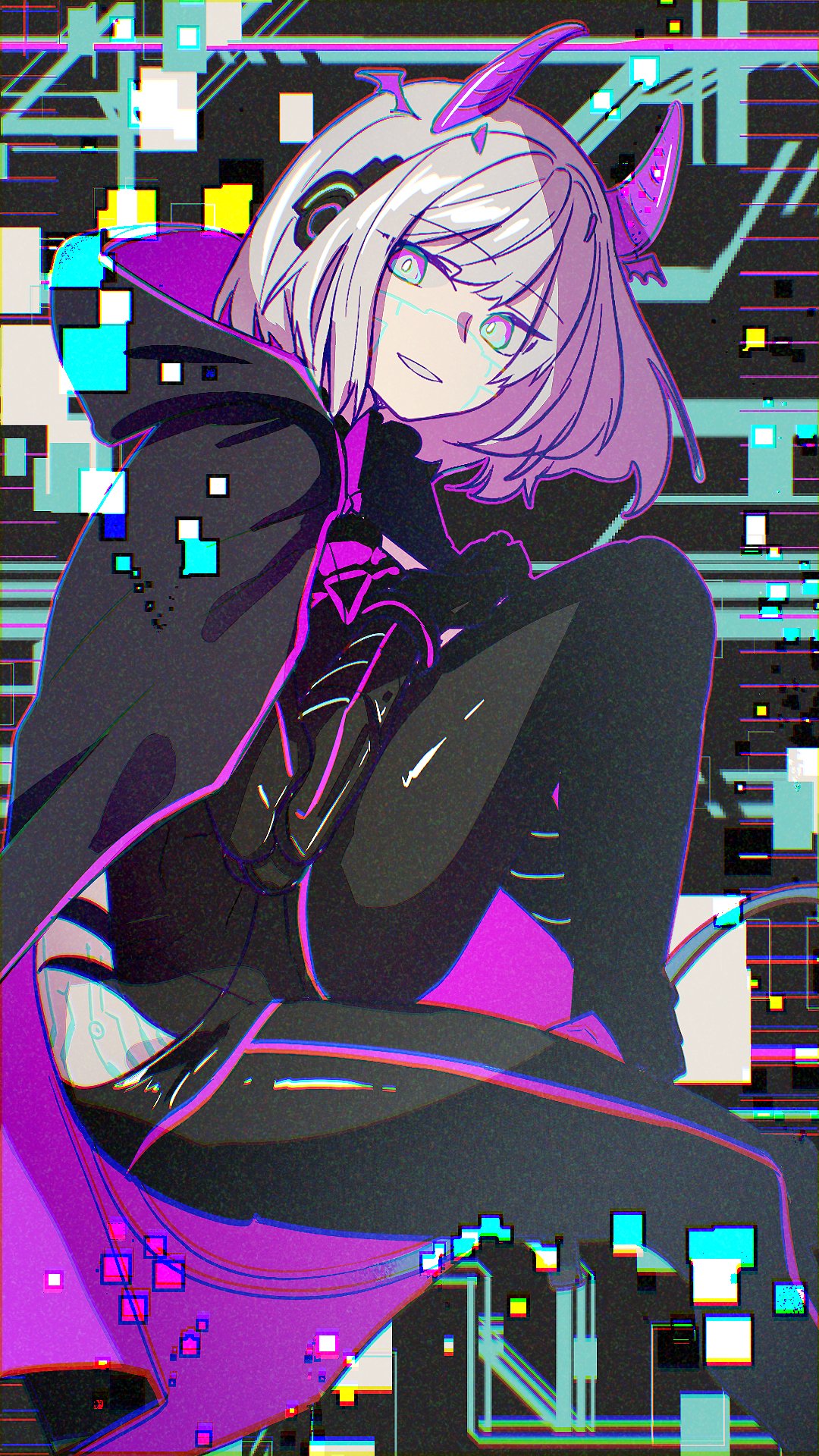 1girl black_bodysuit black_cape bob_cut bodysuit breasts cape detached_horns gradient_hair gradient_horns hair_intakes headphones highres hip_vent holographic_horns horns indie_virtual_youtuber looking_at_viewer medium_hair motherv3 multicolored_eyes multicolored_hair multicolored_horns neon_trim open_mouth pink_horns pote0508 purple_cape purple_horns smile solo tail tail_through_clothes two-sided_cape two-sided_fabric two-tone_eyes violet_eyes virtual_youtuber