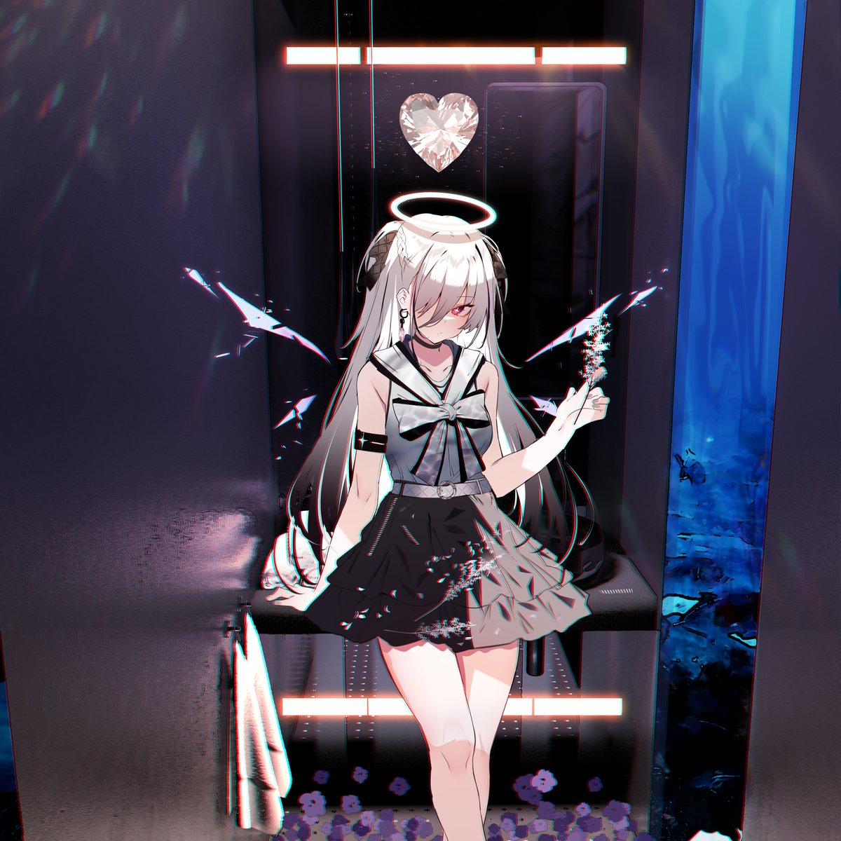 1girl bare_shoulders belt black_choker black_skirt bow braid choker collarbone cross-shaped_pupils detached_wings dress earrings flower grey_hair hair_ornament hair_over_one_eye halo hand_up heart highres jewelry long_hair looking_at_viewer original red_eyes skirt sleeveless solo soukou_makura symbol-shaped_pupils thighs white_bow white_dress white_halo wings