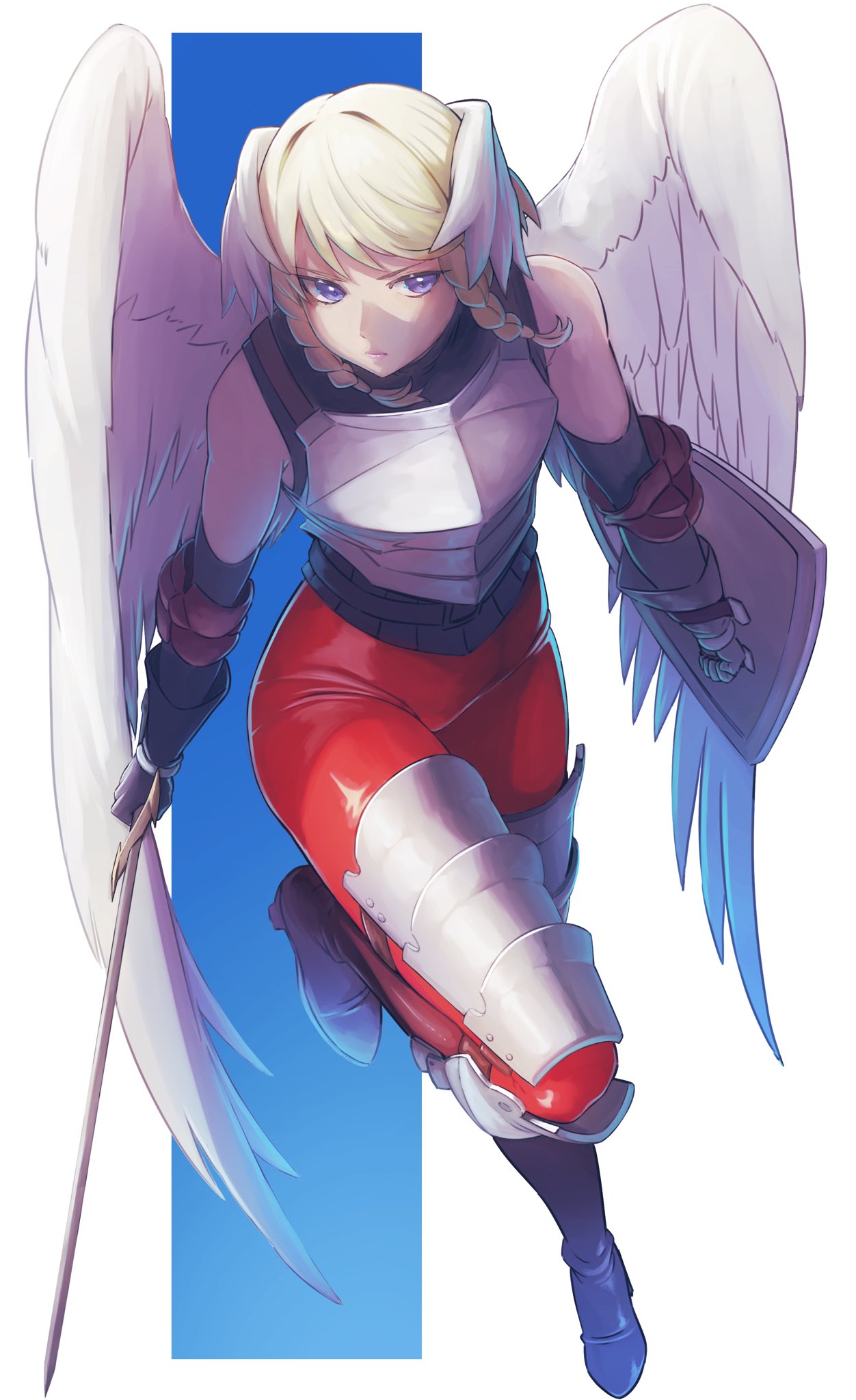 1girl aduti_momoyama angel angel_wings arm_shield armor black_gloves blonde_hair blue_eyes braid breastplate closed_mouth detached_sleeves feathered_wings gloves head_wings highres holding holding_sword holding_weapon ochlys_(unicorn_overlord) short_hair side_braids solo sword twin_braids unicorn_overlord weapon wings