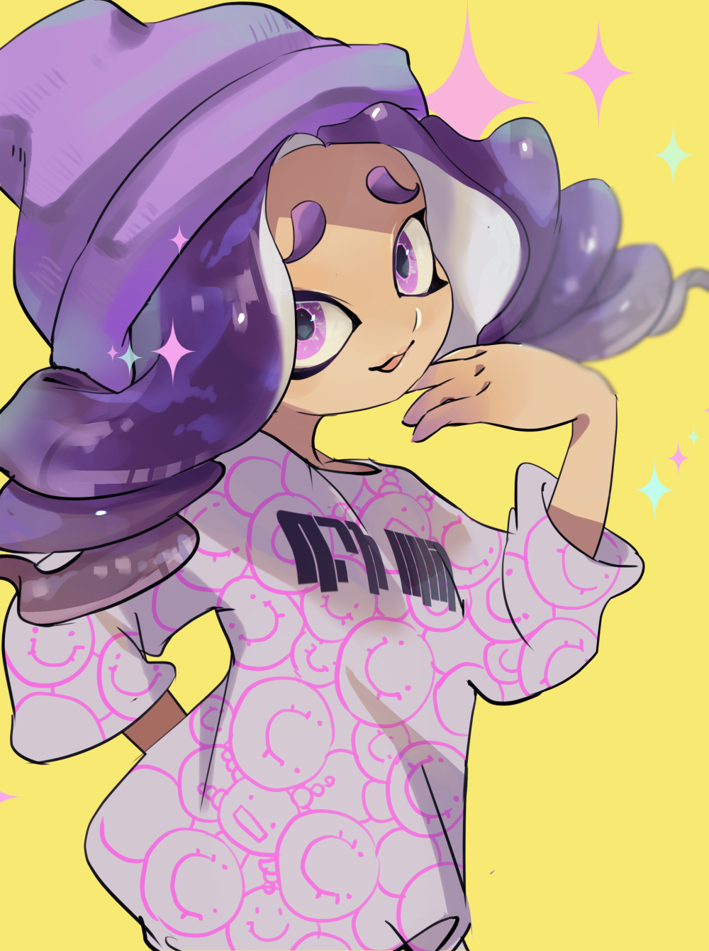 1girl arm_behind_back beanie drill_hair floating_hair furrowed_brow hand_up hat highres koike3582 long_hair long_shirt octoling octoling_girl octoling_player_character open_mouth purple_hair purple_hat shirt simple_background smile solo splatoon_(series) tentacle_hair violet_eyes yellow_background