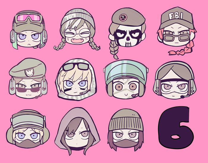 6+girls :&lt; :3 :o baseball_cap beanie beret black_mask blonde_hair blue_eyes blush_stickers braid brown-framed_eyewear brown_hair brown_hat cabbit character_request closed_eyes closed_mouth commentary_request copyright_request expressionless eyewear_on_head facepaint fangs frown glasses goggles goggles_on_headwear green_hair green_hat green_headphones green_hood grey-framed_eyewear grey_hat grey_headphones grey_hood hat head_only headphones_over_headwear headpiece light_smile long_hair low_twin_braids marking_on_cheek mask military_hat mole mole_under_eye mouth_mask multicolored_hair multiple_girls open_mouth pink-tinted_eyewear pink_background redhead round_eyewear short_hair simple_background single_braid smile straight-on streaked_hair sunglasses terada_tera tinted_eyewear twin_braids v-shaped_eyebrows violet_eyes white_hair white_hood