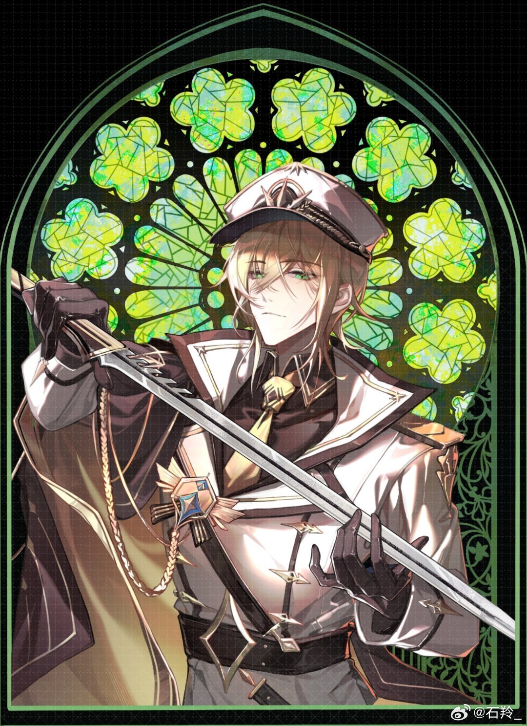 1boy aiguillette alkaid_mcgrath belt belt_buckle black_background black_belt black_cape black_gloves black_shirt blonde_hair buckle buttons cape closed_mouth collared_shirt double-breasted gloves green_eyes hair_between_eyes hat highres holding holding_sword holding_weapon jacket lapels long_sleeves looking_at_viewer lovebrush_chronicles male_focus medal medium_hair military_hat military_uniform necktie notched_lapels peaked_cap sam_browne_belt shiling shirt side_cape sleeve_cuffs solo stained_glass sword two-sided_cape two-sided_fabric uniform upper_body weapon weibo_logo weibo_username white_hat white_jacket yellow_cape yellow_necktie