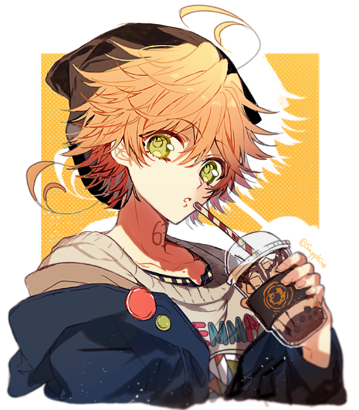 1girl ahoge black_hat blue_jacket bubble_tea cup disposable_cup emma_(yakusoku_no_neverland) green_eyes hand_up ice ice_cube jacket looking_at_viewer number_tattoo orange_hair parted_lips sapphire_(nine) short_hair solo sweater tattoo white_sweater yakusoku_no_neverland