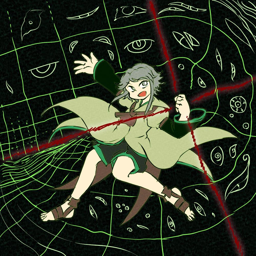 1other abstract_background androgynous ascot bare_legs barefoot_sandals_(jewelry) black_background black_shorts black_sleeves brown_ascot brown_footwear chikafumikou clenched_hand coat collared_coat commentary_request disembodied_eye full_body grey_eyes grey_hair houlen_yabusame layered_sleeves len'en long_sleeves looking_at_viewer one-hour_drawing_challenge open_mouth other_focus outstretched_arm puffy_short_sleeves puffy_sleeves short_hair_with_long_locks short_over_long_sleeves short_sleeves shorts smile solo toes wide_sleeves yellow_coat yellow_sleeves