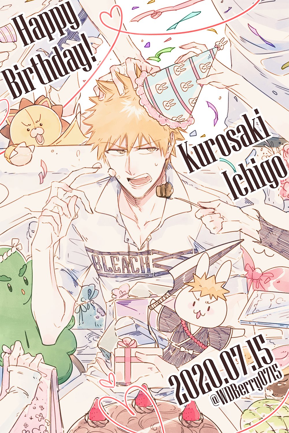 2020 birthday_cake bleach brown_hair cake chappy character_name collarbone collared_shirt copyright_name cosplay dated doughnut english_text feeding food food_on_face fruit gift hair_between_eyes hand_on_another's_head happy_birthday hat highres kon_(bleach) kurosaki_ichigo kurosaki_ichigo_(cosplay) male_focus open_mouth orange_hair party_hat seaweed_ambassador shirt short_sleeves spiky_hair strawberry stuffed_animal stuffed_lion stuffed_rabbit stuffed_toy sweatdrop wdberry0715