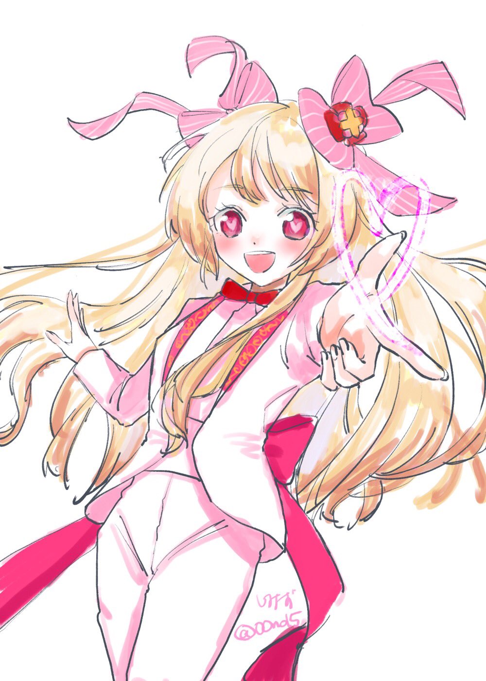 00no15 1girl alternate_costume blonde_hair chaos_marie_(grimms_notes) formal gradient_hair grimms_notes hair_ribbon heart heart-shaped_pupils highres long_hair multicolored_hair open_mouth outstretched_arm pink_eyes ribbon simple_background solo suit symbol-shaped_pupils teeth twitter_username upper_teeth_only white_background white_suit