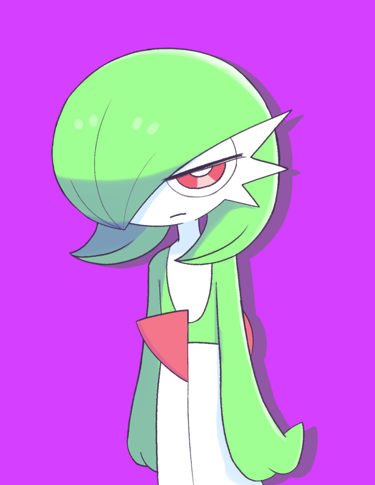 1girl bob_cut colored_skin disappointed dress gardevoir green_hair hair_over_one_eye half-closed_eye half-closed_eyes looking_at_viewer loveboxf multicolored_skin pink_eyes pokemon pokemon_(creature) purple_background simple_background two-tone_skin white_dress white_skin