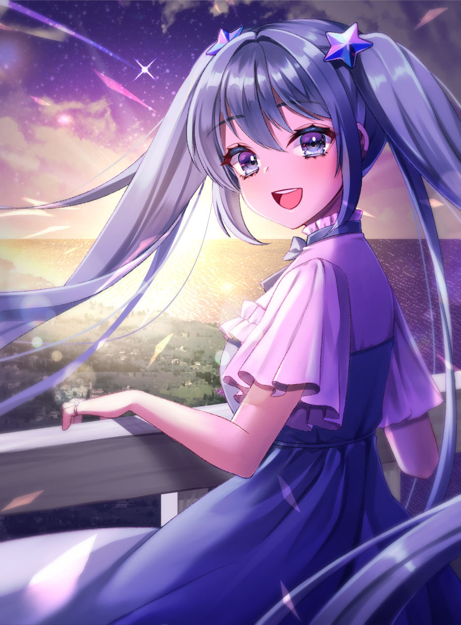1girl :d against_railing aqua_eyes aqua_hair blue_bow blue_bowtie blue_dress bow bowtie clouds cloudy_sky dress ewokaku335 floating_hair frilled_dress frilled_shirt frills gradient_sky hair_between_eyes hair_ornament hatsune_miku highres jewelry landscape lens_flare light_particles long_hair looking_at_viewer looking_back nature ocean railing raised_eyebrows ring shirt short_sleeves sidelocks sky smile sparks star_(sky) star_(symbol) star_hair_ornament starry_sky sunlight sunset teeth twintails upper_teeth_only very_long_hair vocaloid white_shirt