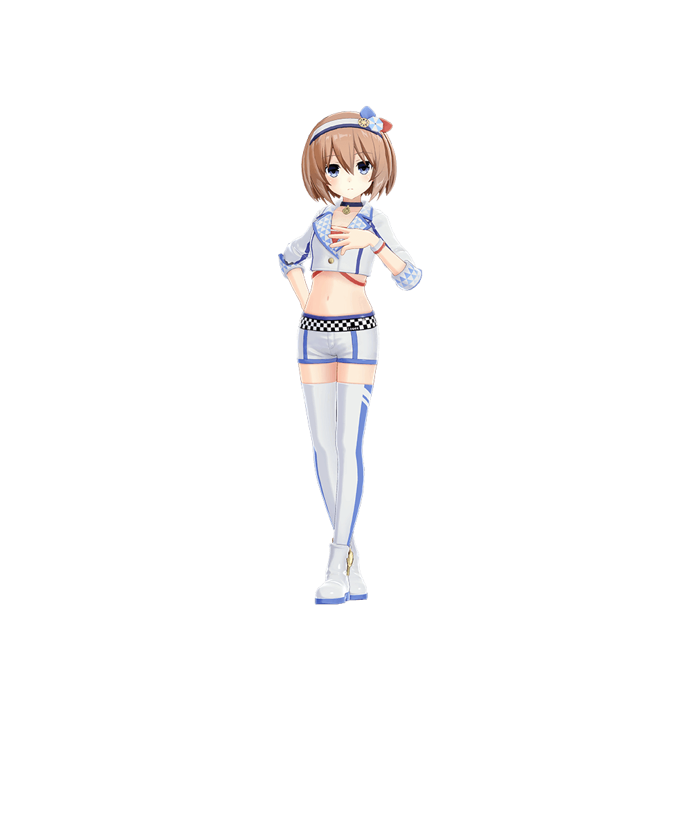 1girl arm_behind_back blanc_(neptunia) blue_choker blue_eyes brown_hair choker cropped_jacket crossed_legs expressionless full_body hair_between_eyes hairband hand_on_own_chest highres jacket light_frown looking_at_viewer medium_hair midriff navel neptune_(series) official_art promotional_art short_shorts shorts solo standing striped_clothes striped_hairband thigh-highs white_jacket white_shorts