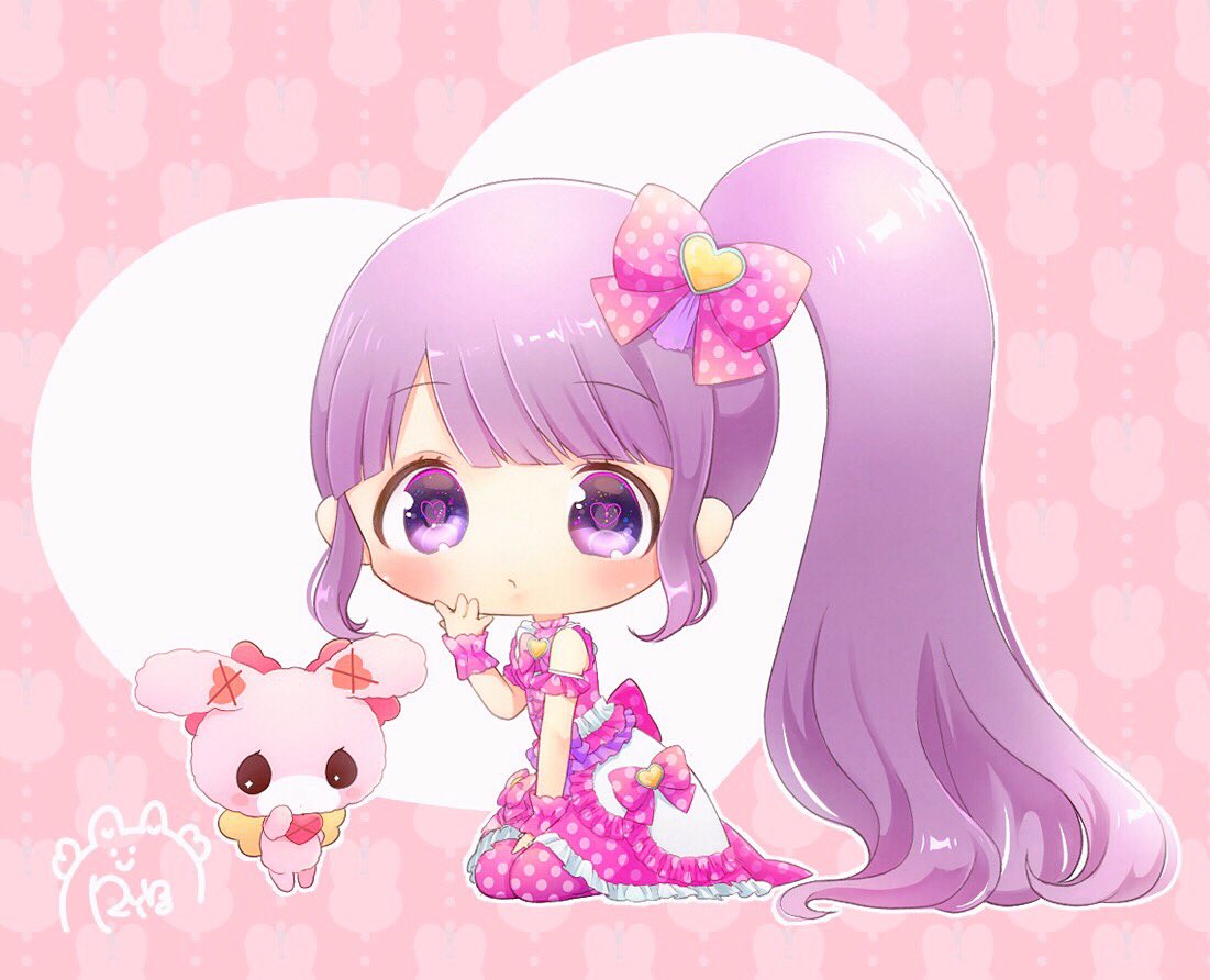 1girl blunt_bangs blush bow chibi closed_mouth commentary_request dress full_body hair_bow hand_up long_hair looking_at_viewer manaka_non pink_background pink_bow pink_dress pretty_series pripara purple_hair rin_(ikura_meshi) side_ponytail signature sitting solo usacha very_long_hair violet_eyes wrist_cuffs