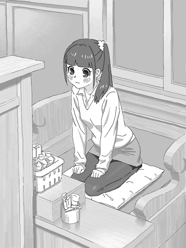 1girl bad_drawr_id bad_id basket blunt_bangs blush bottle character_request closed_mouth collared_shirt copyright_request cushion francine_(daijaemon) greyscale hair_ornament hair_scrunchie hands_on_lap indoors long_hair long_sleeves miniskirt monochrome oekaki pantyhose pencil_skirt pillow scrunchie seiza shirt side_ponytail sitting skirt sleeves_past_wrists solo sweater table window