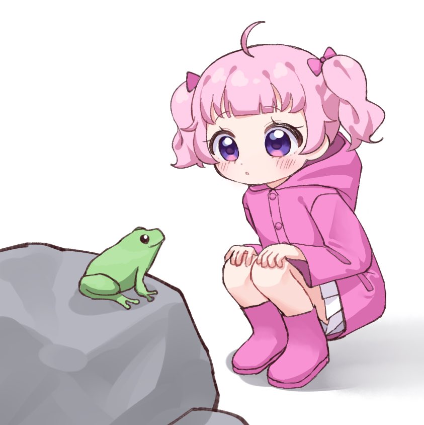 1girl :o aged_down ahoge aozora_himari blunt_bangs boots bow coat commentary_request frog full_body hair_bow hands_on_own_knees himitsu_no_aipri hood hood_down long_sleeves looking_at_animal open_mouth pink_bow pink_coat pink_footwear pink_hair pleated_skirt pq_(pq_owo) pretty_series raincoat rock short_hair simple_background skirt solo squatting twintails violet_eyes white_background white_skirt