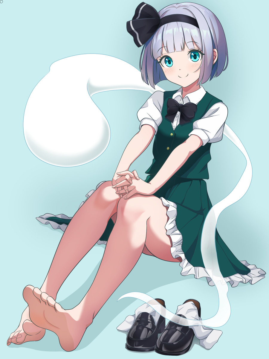 1girl bare_legs barefoot black_bow black_bowtie black_footwear black_hairband black_ribbon blue_background blue_eyes bob_cut bow bowtie closed_mouth collared_shirt commentary_request feet frilled_skirt frills full_body green_skirt green_vest grey_hair hairband hand_on_own_knee happy highres interlocked_fingers kisaragi_koushi konpaku_youmu konpaku_youmu_(ghost) loafers looking_at_viewer puffy_short_sleeves puffy_sleeves ribbon shirt shoes short_hair short_sleeves sitting skirt smile socks soles solo toes touhou unworn_shoes unworn_socks vest white_shirt white_socks