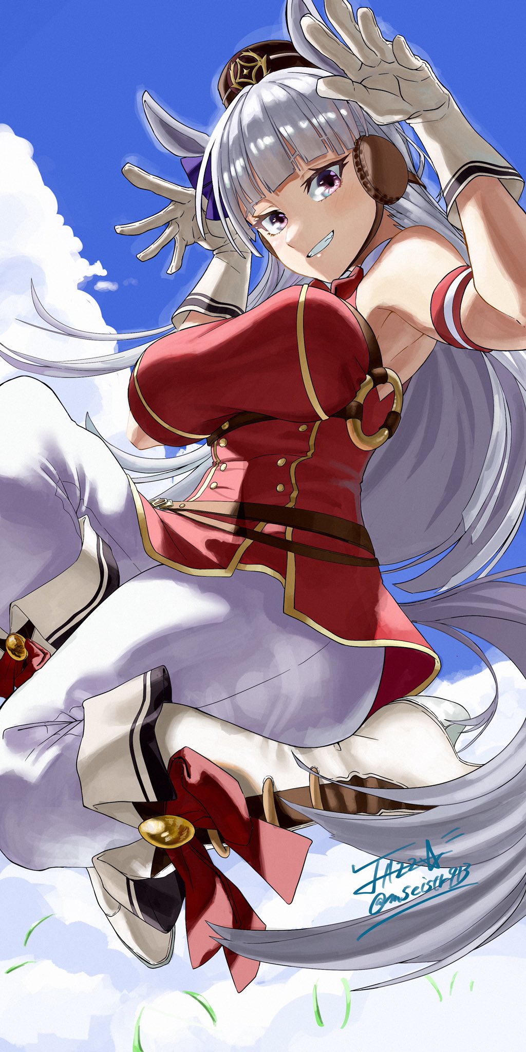 1girl animal_ears armpits blue_sky boots breasts brown_hat dress garrison_cap gloves gold_ship_(umamusume) grey_hair hat highres horse_ears jazz_(fuukan) large_breasts long_hair looking_at_viewer off_shoulder open_mouth pantyhose red_dress red_eyes sky smile solo teeth umamusume white_footwear white_gloves white_pantyhose