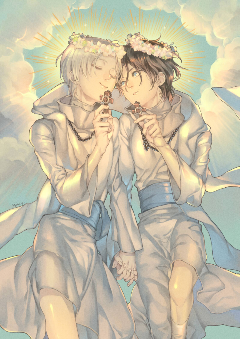 2boys alternate_costume animification ankle_socks bead_necklace beads blue_eyes blue_sash blue_sky boondock_saints brothers brown_hair closed_mouth clouds commentary_request compass_rose_halo connor_macmanus cross dethmath feet_out_of_frame flower halo head_wreath heads_together holding holding_cross holding_hands jewelry knees long_sleeves looking_at_another male_focus multiple_boys murphy_macmanus necklace parted_lips robe sash scarf short_hair siblings sky smile socks sparkle twins waist_sash white_flower white_hair white_robe white_scarf white_sleeves white_socks