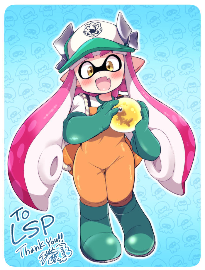 baseball_cap blush boots eromame fang full_body gloves golden_egg green_footwear green_gloves hat holding inkling inkling_girl inkling_player_character jumpsuit lifebuoy orange_jumpsuit orange_overalls overalls pink_hair pointy_ears print_headwear rubber_boots rubber_gloves salmon_run_(splatoon) skin_fang splatoon_(series) swim_ring tentacle_hair yellow_eyes