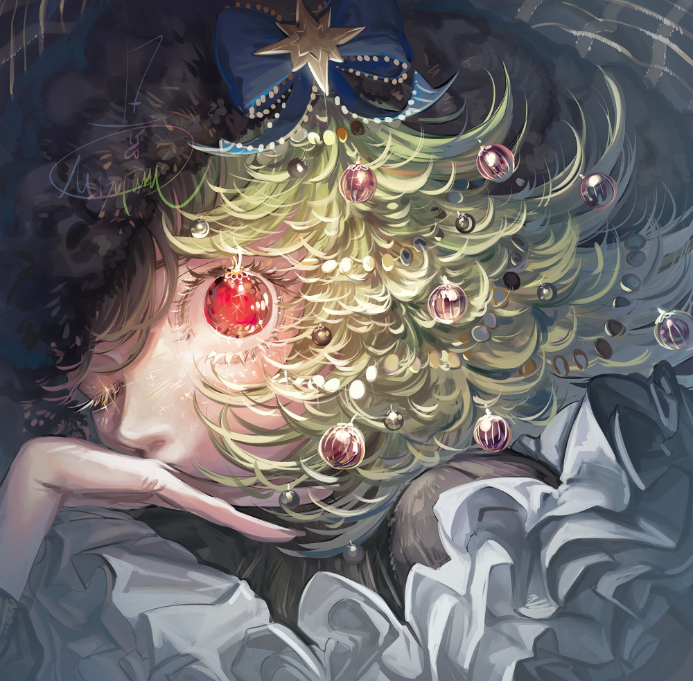1girl blue_bow bow christmas christmas_ornaments close-up commentary hair_bow hair_ornament looking_at_viewer mizutame_tori one_eye_closed original red_eyes solo