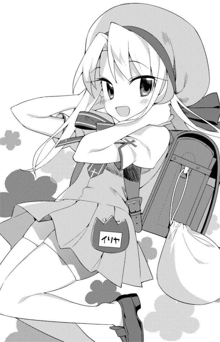 1girl :d arms_up backpack bag blush fate/kaleid_liner_prisma_illya fate_(series) floating greyscale hanabana_tsubomi hat homurahara_academy_school_uniform illyasviel_von_einzbern loafers long_hair looking_at_viewer monochrome open_mouth randoseru school_uniform shoes short_sleeves simple_background skirt smile solo thigh-highs vest