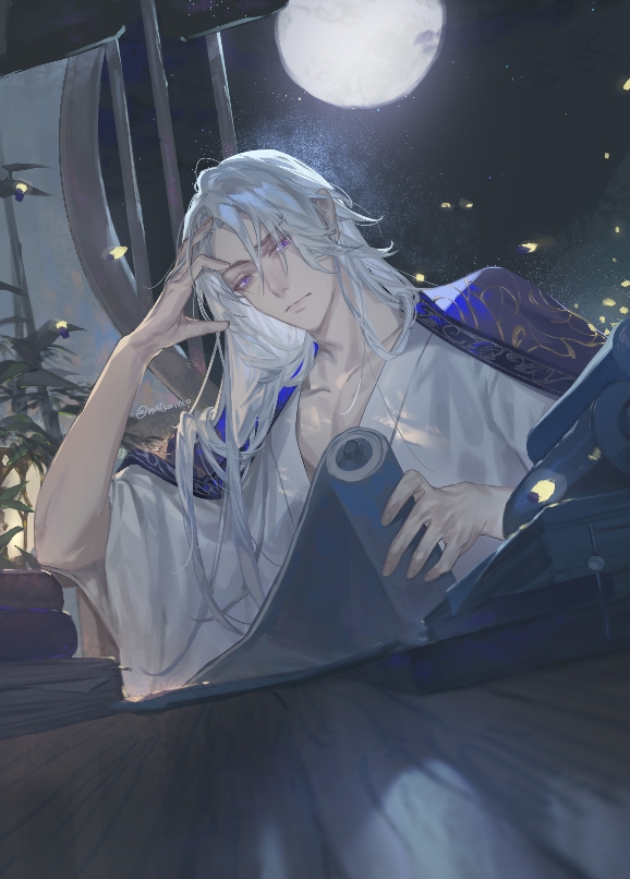 1boy bamboo black_cape book book_stack cape chinese_clothes closed_mouth fireflies frown full_moon hanfu holding holding_scroll hua_yi_shanxin_zhiyue indoors male_focus moon night official_art parted_bangs reading robe round_window scroll solo table upper_body violet_eyes white_hair white_robe window wooden_table xia_qing