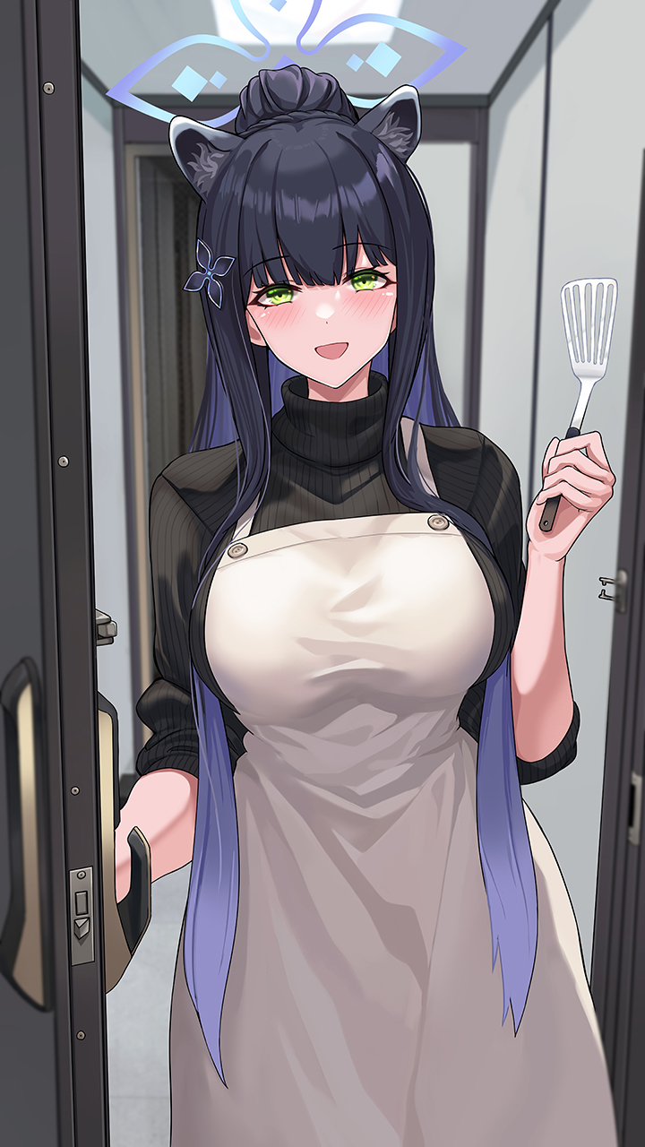 1girl animal_ears apron black_hair black_sweater blue_archive blue_halo blunt_bangs blush breasts commentary_request green_eyes halo hand_up highres holding holding_paddle indoors jamgom large_breasts long_hair looking_at_viewer open_mouth opening_door paddle ponytail ribbed_sweater shun_(blue_archive) sidelocks sleeves_rolled_up smile solo sweater turtleneck turtleneck_sweater