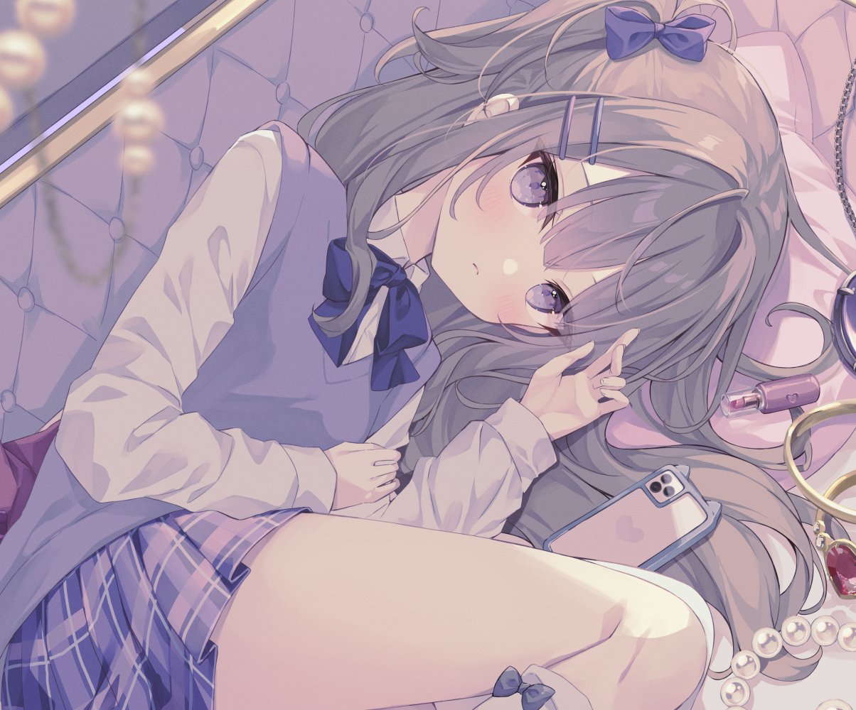 1girl blue_bow blue_skirt bow brown_hair cellphone closed_mouth collared_shirt commentary dress_shirt feet_out_of_frame grey_bow hair_between_eyes hair_bow hair_ornament hairclip hands_up hoshi_(snacherubi) kneehighs long_sleeves looking_at_viewer lying on_side one_side_up original phone phone_with_ears plaid plaid_skirt pleated_skirt school_uniform shirt skirt sleeves_past_wrists socks solo sweater_vest violet_eyes white_shirt white_socks