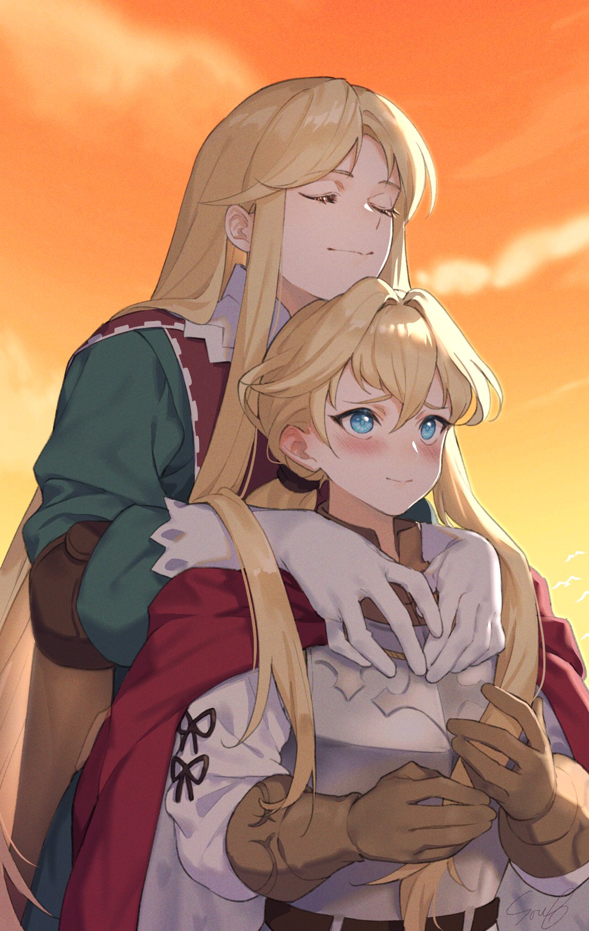 2boys aramis_(unicorn_overlord) armor blonde_hair blue_eyes blue_shirt blush breastplate brothers brown_gloves cape closed_eyes closed_mouth cowboy_shot gilbert_(unicorn_overlord) gloves highres long_hair male_focus multiple_boys ouosoul outdoors ponytail red_cape red_tabard shirt siblings smile standing tabard twilight unicorn_overlord white_gloves white_shirt